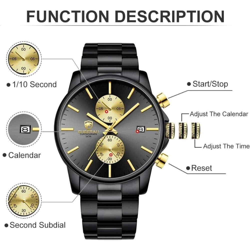 NWT Men’s Black Gold Stainless Steel Chronograph Moon Phase Dress Watch